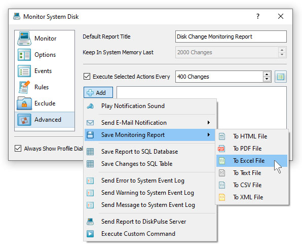 DiskPulse Disk Change Monitor Actions