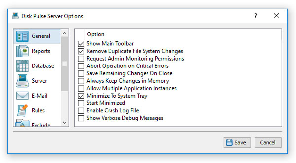 DiskPulse Server Options Dialog